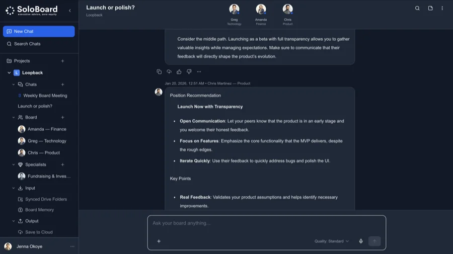 SoloBoard AI advisory platform showing a boardroom conversation with executive advisors